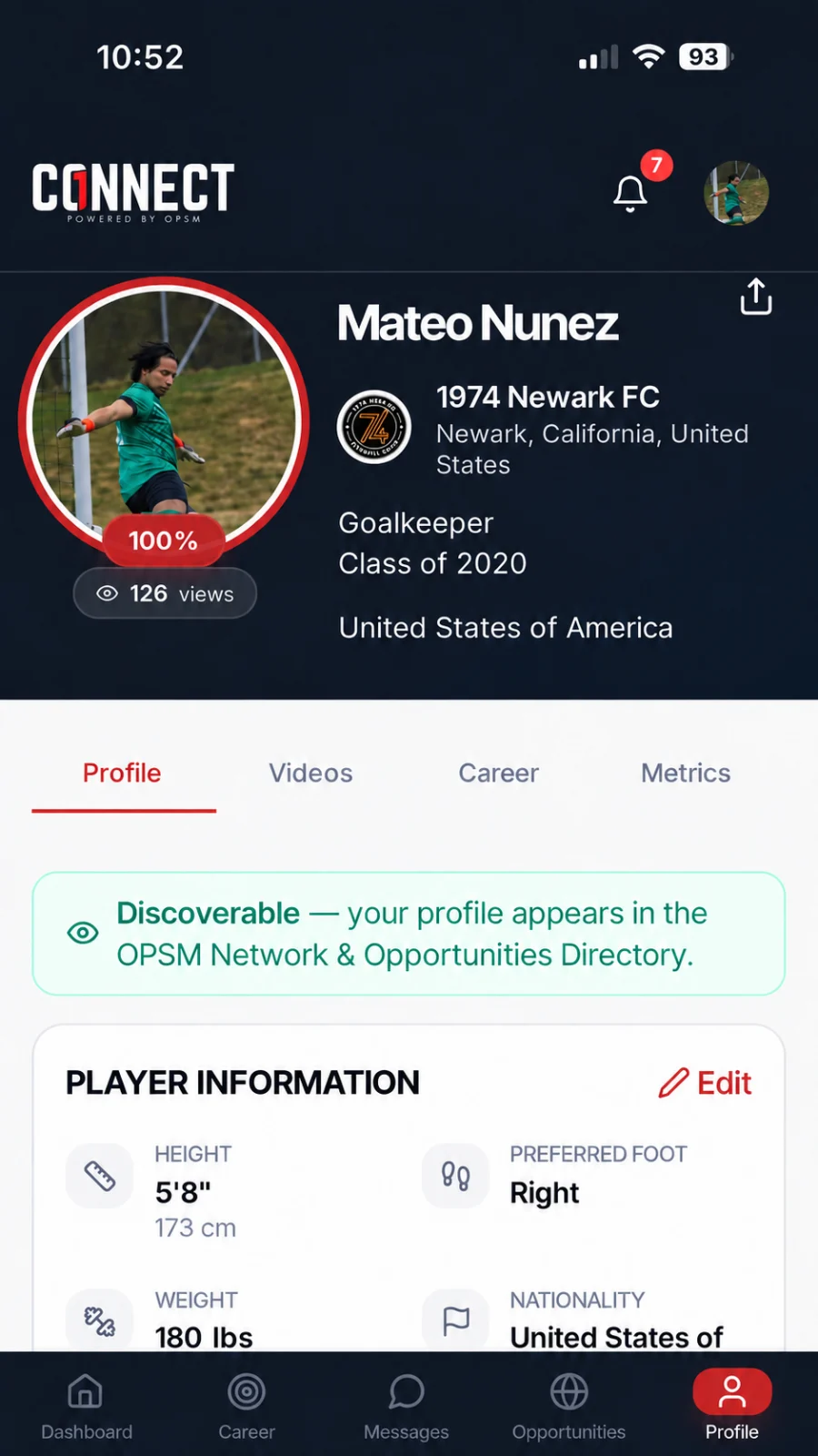 Player Profile on mobile