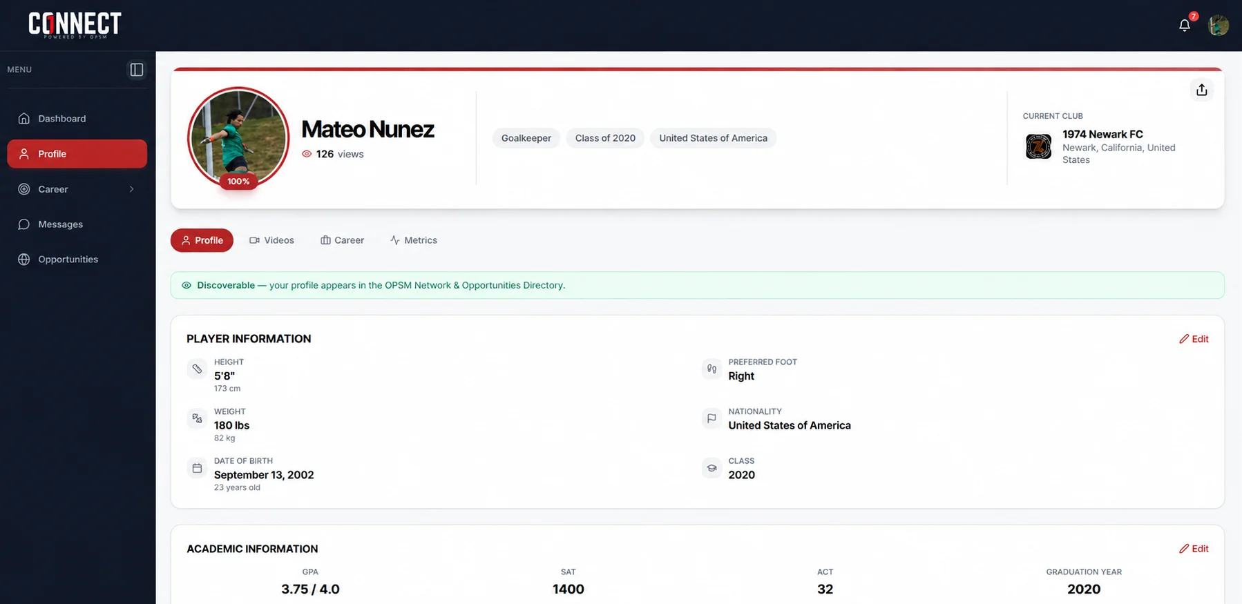 Player Profile on OPSM Connect
